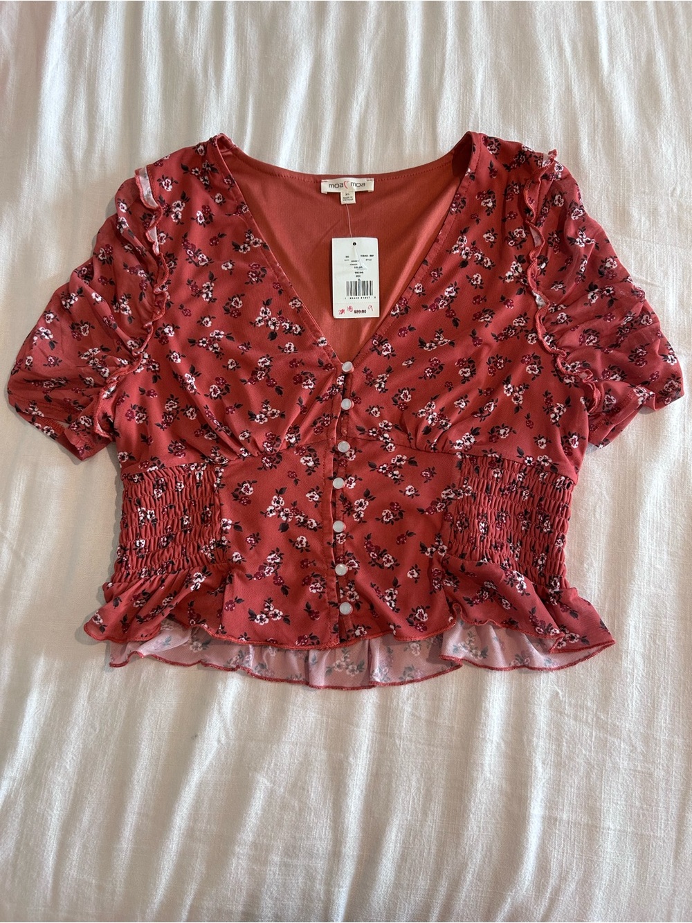 Moa Moa Rose Red Floral Button-Front Puff Sleeve Top